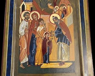 Lot 060-I: Presentation of the Virgin to the Temple

Features: 
•	Hand-painted/varnished religious icon on wood
•	Created (“written”) and signed/dated by our client

Dimensions: 9.5” x 12.5”


Condition: Very Good condition
