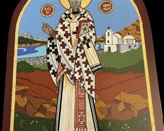 Lot 061-I: Saint Nicolas

Features: 
•	Hand-painted/varnished religious icon on wood
•	Created (“written”) and signed/dated by our client

Dimensions: 9” x 12.5”

Condition: Very Good condition
