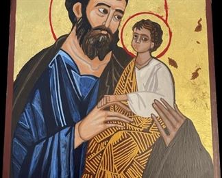 Lot 062-I: Saint Joseph and Jesus

Features: 
•	Hand-painted/varnished religious icon on wood
•	Created (“written”) and signed/dated by our client

Dimensions: 9” x 12”


Condition: Very Good condition
