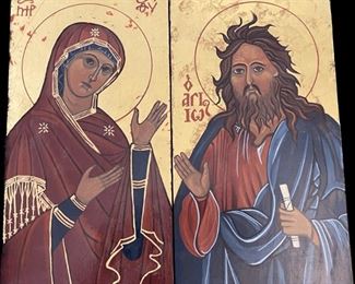 Lot 066-I: Icon Duo

Features: 
•	Hand-painted/varnished religious icon on wood
•	Created (“written”) and signed/dated by our client

Dimensions: 5.5” x 10” each


Condition: Very Good condition
