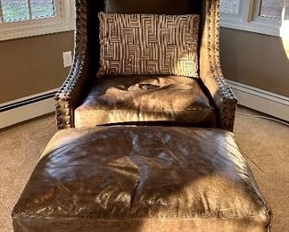 Emerson Bentley Leather Armchair & Ottoman with Nailhead Trim