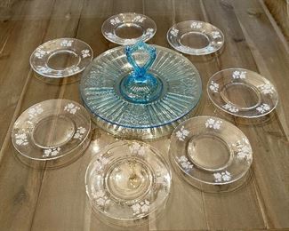 (7) Dessert Plates & Anchor Hocking Handled Tray