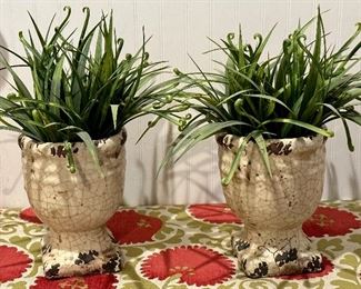 (2) Faux Grass in Cement Planters