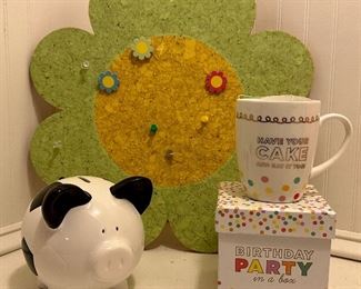 Piggy Bank, Flower Bulletin Board & Birthday Party in a Box