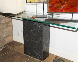 Glass topped marble base hall table