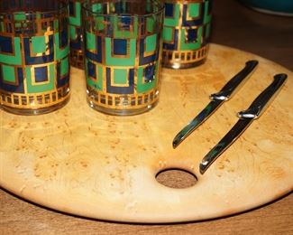 Bird's eye maple cutting board with Coro rocks glasses