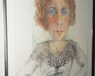"Cup of Tree" colored pencil drawing on color lithograph by Arlene Scult(1936-2020)