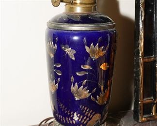 Cobalt silver etched porcelain lamp bases x 2