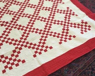Very Pretty Red White Homemade Quilt