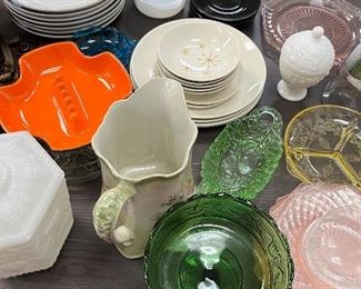 Pink depression glass, MCM plates, Pfaltzgraff dishes