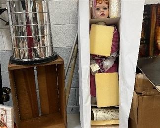 Vintage Christmas decor, Doll, Wood Crates