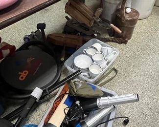 Vintage wood clamps, old optical equipment, pflatzgrass dishes, ab dolly