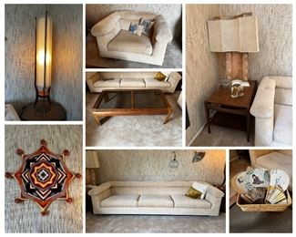 MCM Standing Lamp & Lamp, Gods Eye, reupholstered MCM Modernist Couch & Matching Chair, MCM End Table, Antique Japanese Fans