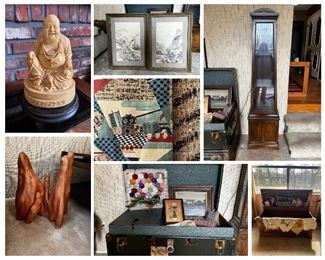 Resin Buddah, Driftwood Art, Antique Japanese Textiles (mostly obis), Japanese artwork, Trunks, Japanese Cushions, Vintage Traditional Display Cabinet