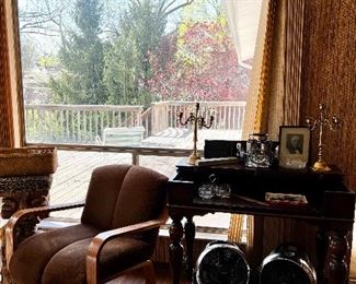 Vintage Arm Chair, Writing Desk, Brass Candelabras, Fans