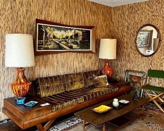 Pearsall Style MCM Couch with Attached End Tables, Pair of MCM Drip Glaze Lamps, MCM Laminate Top Coffee Table