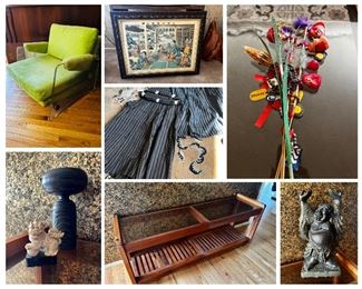 Lucite Chair, Japanese Pottery, Reain Foo Dig, Smoke Glass & Wood Kit Table, Chalkware Buddah, Kanzashi, Children’s Japanese Clothing