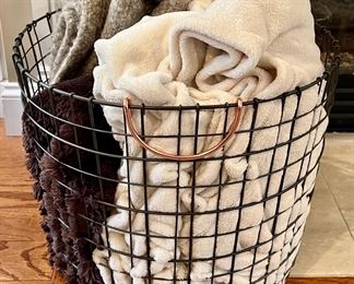 Wire Basket & Assorted Blankets