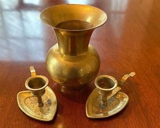 Brass Vase & Candlesticks