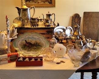Great variety of old porcelain, vintage silverplate and dishware