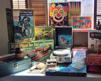 Vintage toys - GI Joe Space Capsule (missing figurine), GI Joe Sea Sled and Frogman (missing figurine), kids records, Viewmaster