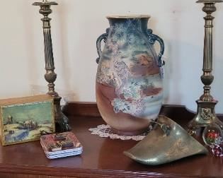 Asian vase (has repair), original portrait, Brass candlestick, Mahogany cabinet