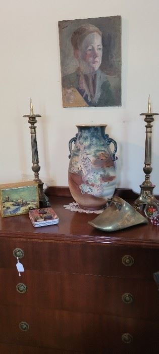 Asian vase (has repair), original portrait, Brass candlestick, Mahogany cabinet