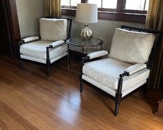 Pair of Custom Upholstered Arm Chairs and Side Table
