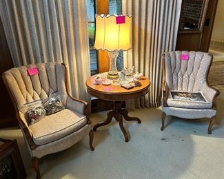 Antique Drum table and pair of matching antique upholstered chairs