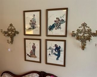 Norman Rockwell framed prints, brass sconces.