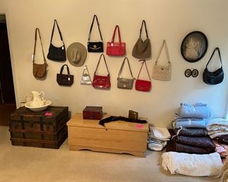 Antique trunk, Lane Cedar chest, purses, linens