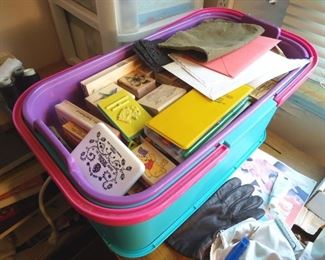 A case of stamping pads with stamps and ink