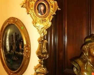 Antique Italian Brass Monstrance - Porcelain Portrait of Virgin Mary