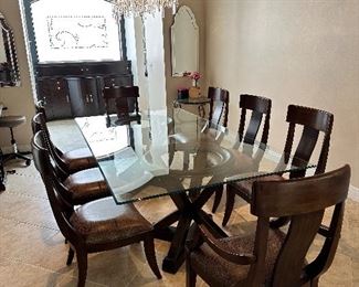Glass Top Wood Dining Table With 7 Chairs