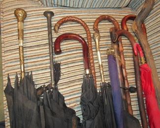 Variety of antique canes and umbrellas