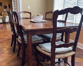 French Country Farm Table  - 6 ladder back rush bottom dining chairs