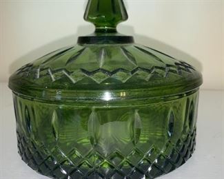 Vintage Indiana Glass Avocado Green Princess Tiara Covered Candy Dish/ Trinket Box