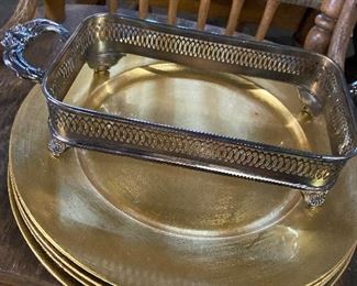 Silver plated tray. Golden chargers. 