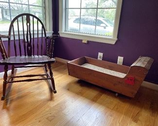 Windsor rocking chair and wooden cradle