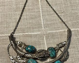 HUGE ANTIQUE STERLING SILVER DRAGON WITH TURQUOISE NECKLACE