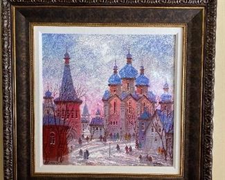 Russia Red Sunset by Ukrainian Artist Anatole Krasnyansky - Framed size 36 x 36