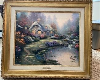 Everett’s Cottage by Thomas Kinkade - Limited edition offset lithograph of original oil painting.  Framed size 32 1/2 x 28 1/2.  3950/5950 S/N Canvas
