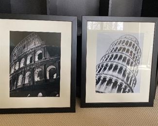 Custom Framed Group of 2 Photographic Black and White Prints of Leaning Tower of Pisa and Coloseum. Both are 19 1/2” x 23 1/2”