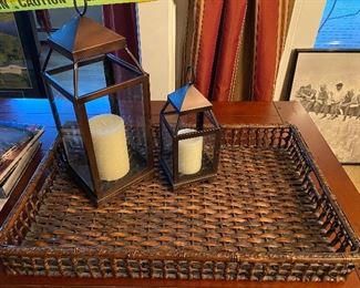 Pottery Barn Woven Tray and Decorative Lanterns with Votives
