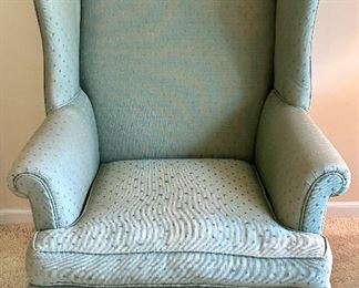 One of a Pair of Kittinger CW-12 Colonial Williamsburg Wingback Chairs in a mint green fabric.  We didn't realize Kittinger also made upholstered furniture, and it doesn't disappoint!!