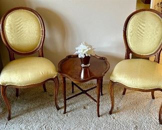 Here are the two Baker Oval - Backed French Provincial accent chairs and a vintage Hekman oval table with bamboo looking legs and a scalloped edge, again stunning.