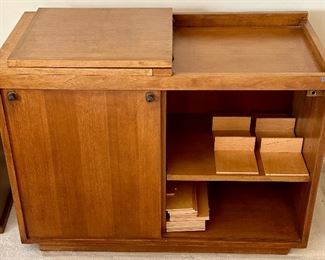 Office Suite by Maria Bergson in 1950. Signed.  Office Desk with side File Drawers. Shown with Lift of Top and Drawer Inserts.