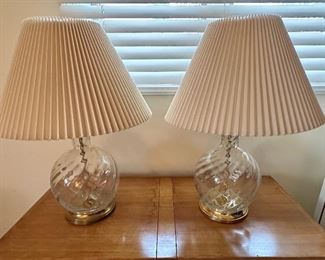 Pair of Automax N.Y. Glass Swirl Table Lamps with Pleated Shades and Brass Accents