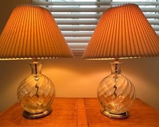 Pair of Automax N.Y. Glass Swirl Table Lamps with Pleated Shades and Brass Accents