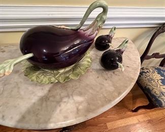 Early Fitz and Floyd Eggplant Tureen with two small soup tureens. 